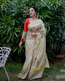 VD Vishu 2023 presents Kerala Tissue cotton saree with floral embroidery-SAHE001KS