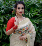 VD Vishu 2023 presents Kerala Tissue cotton saree with floral embroidery-SAHE001KS