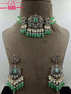 Naomi Pastel Green , Pastel Green Beads Hanging Victorian Choker Necklace  Set for Women-NEER001PG