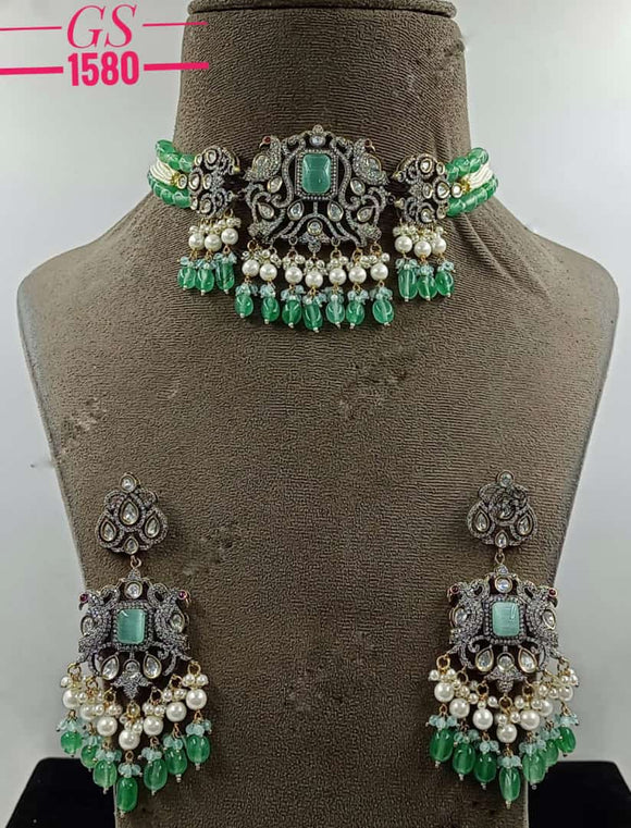 Naomi Pastel Green , Pastel Green Beads Hanging Victorian Choker Necklace  Set for Women-NEER001PG