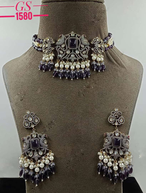 Naomi Purple , Purple  Beads Hanging Victorian Choker Necklace  Set for Women-NEER001P