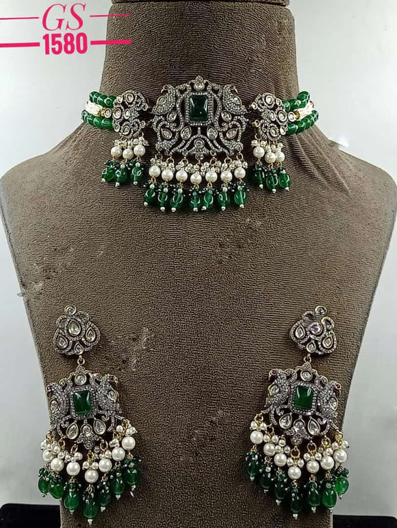 Naomi Green , Jade Green Beads Hanging Victorian Choker Necklace  Set for Women-NEER001JG