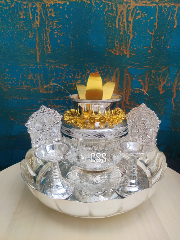 Padmavathi , Silver finish Lotus plate with  Kalasham  and maalaa  Leaf  and Diyas  for Puja Combo -CZY001PKMD