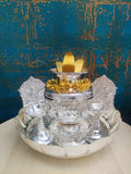 Padmavathi , Silver finish Lotus plate with  Kalasham  and maalaa  Leaf  and Diyas  for Puja Combo -CZY001PKMD