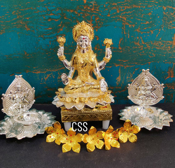 Hymavathy , Gold and Silver Plated Goddess Lakshmi Idol with Diyas and Mandaralu -CZY001LC
