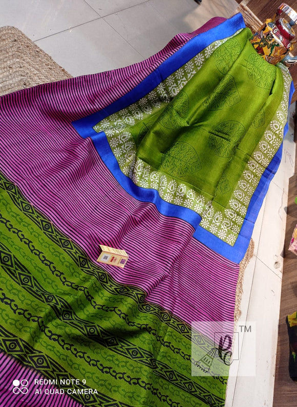 New hand block prints on  pure Silk 3ply Murshidabad Silk Saree for Women-PDS001MSM
