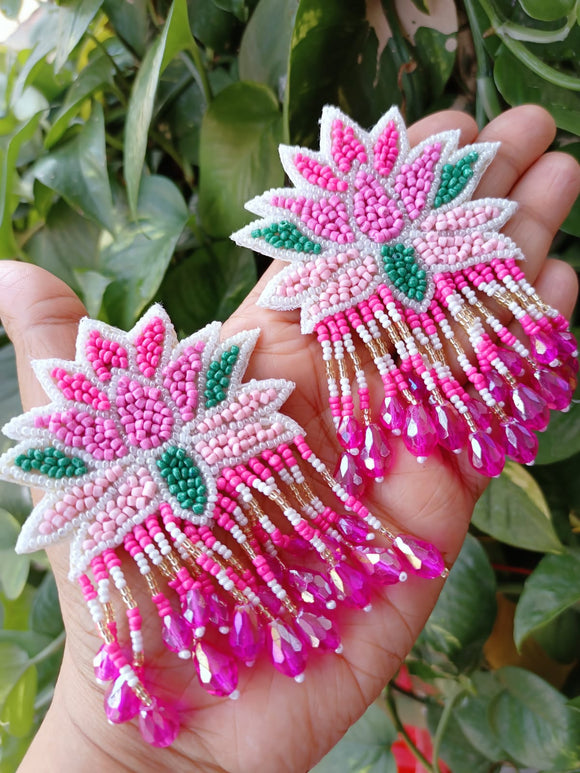 Pink Lotus   , Pure Hand made Lotus  Design light weight Beads earrings for women -YADA001L