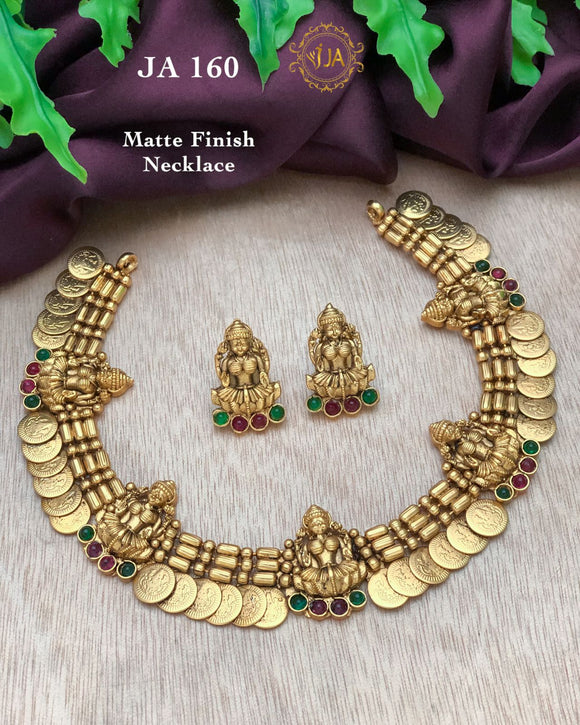 Pink  and Green kemp studded Coin Laxmi Necklace set for women -ART001CLPG
