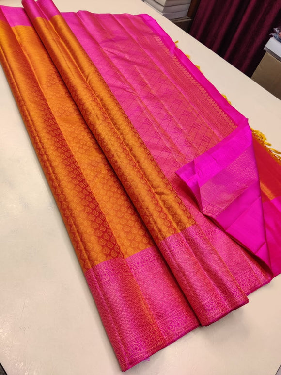 Amrutha Vaani , Yellow and Pink Kanchipuram Pure Silk Handloom sarees with 2gram Pure jari -PDS001YP