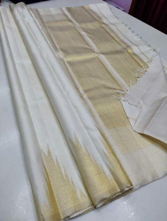 Golden Temple Border White  shade Kanchipuram Pure Silk Handloom saree with 2gram Pure jari -PDS001KSSW