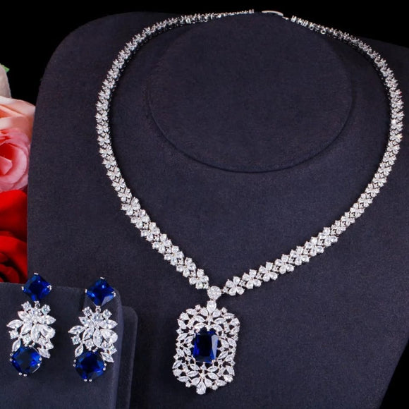 Saphyre Blue  Royal Sqaure Solitaire Diamond Necklace Set for Women-DUB001SB