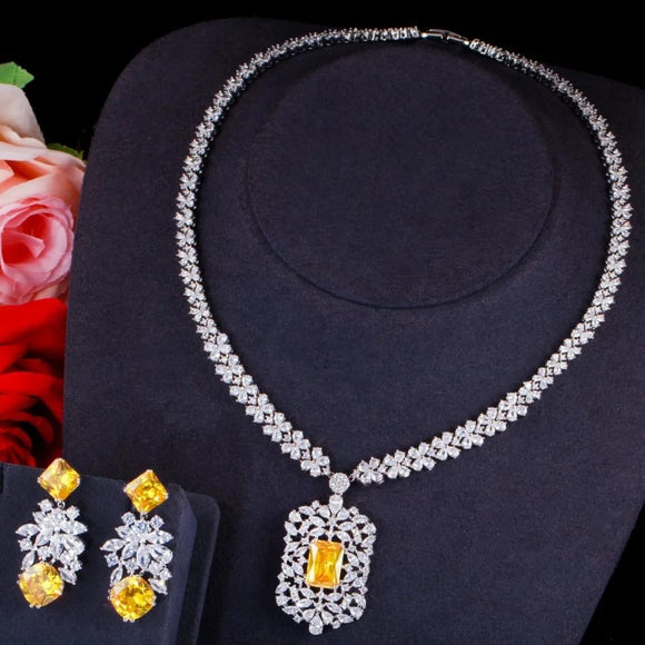 Sunset  Yellow Royal Sqaure Solitaire Diamond Necklace Set for Women-DUB001SY