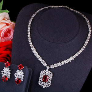 Ruby Red  Royal Sqaure Solitaire Diamond Necklace Set for Women-DUB001RR