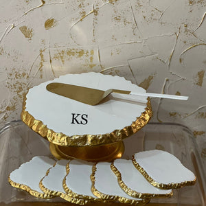 White Enamel Gold Cake Stand with  Spatula and Coasters set of  Six Pcs-PANI001CSW