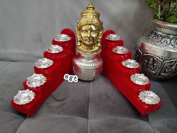 Baghya  Lakshmi , German silver Astalakshmi design kalsha with Golden Amman face , fiber 5 steps with 10 diyas-SILU001B