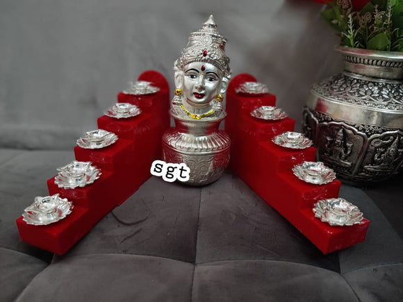 Jaya  Lakshmi , German silver Astalakshmi design kalsha with  Amman face , fiber 5 steps with 10 diyas-SILU001C