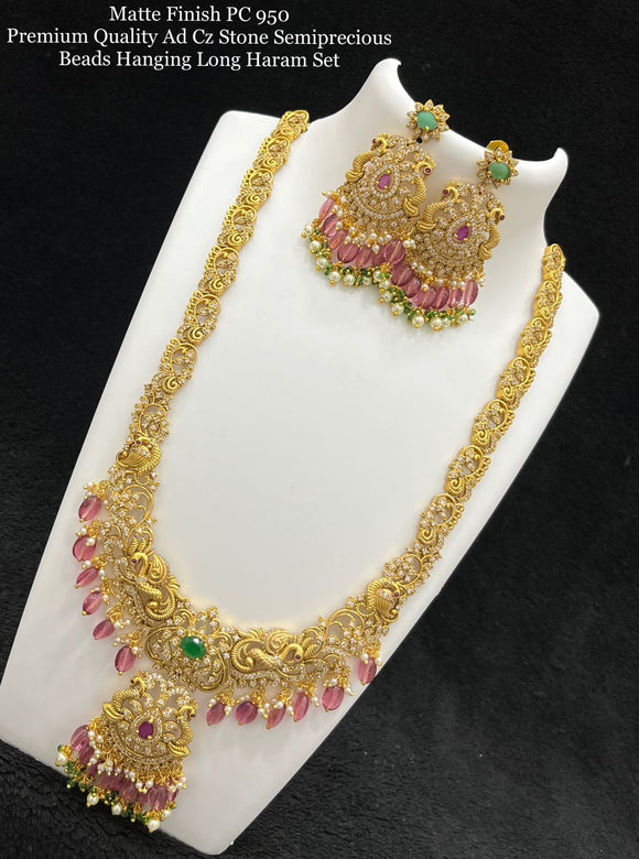 Sushmitha , Matte Finish American Diamond Cz stone Semi precious Beads Long Bridal Necklace Set-SAYLNSP