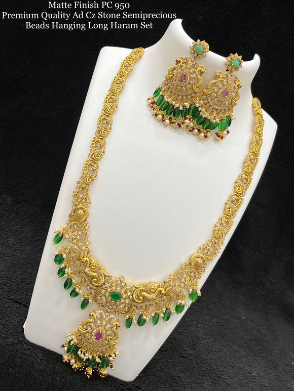 Rashmitha , Matte Finish American Diamond Cz stone Semi precious Beads Long Bridal Necklace Set-SAYLNSG