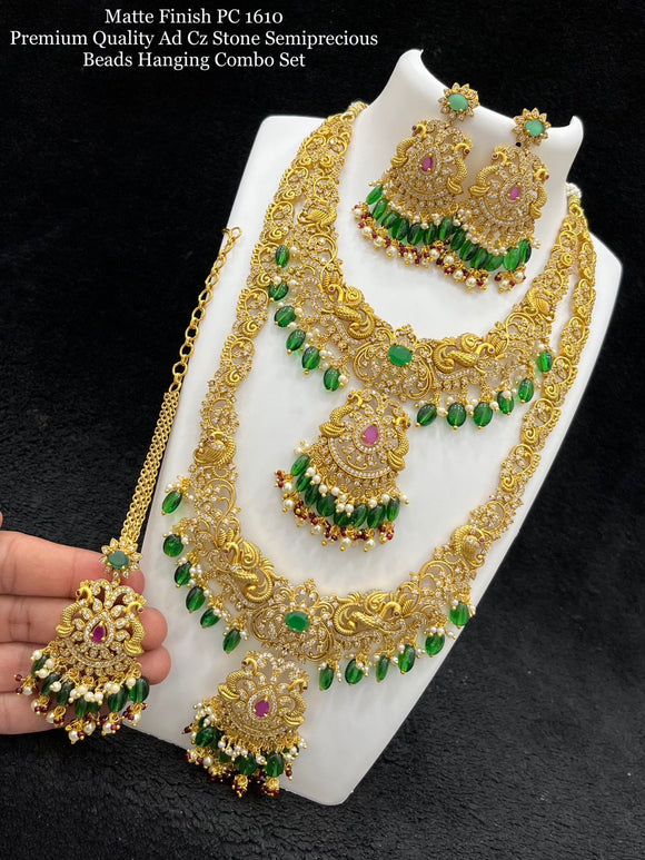 Rambha , Matte Finish Premium American Diamond Cz stone Semi precious Beads Hanging Bridal Necklace Set-SAYBNSG