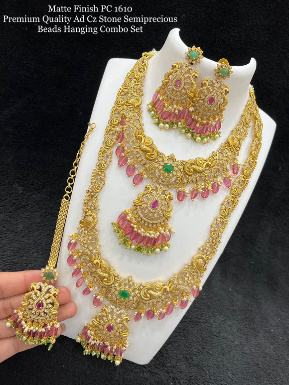 Pink Rambha , Matte Finish Premium American Diamond Cz stone Semi precious Beads Hanging Bridal Necklace Set-SAYBNSP
