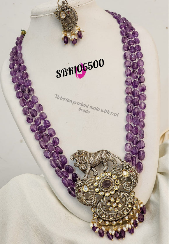 Cassandra , Violet Semi precious beads Long Necklace Set with Matching earrings for women -SAY001VNV