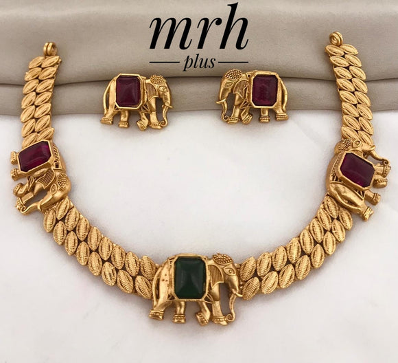 Ruby Green  Gaja Veera , Matt Gold Finish Elephant Design Necklace Set for Women-PAL001ENRG