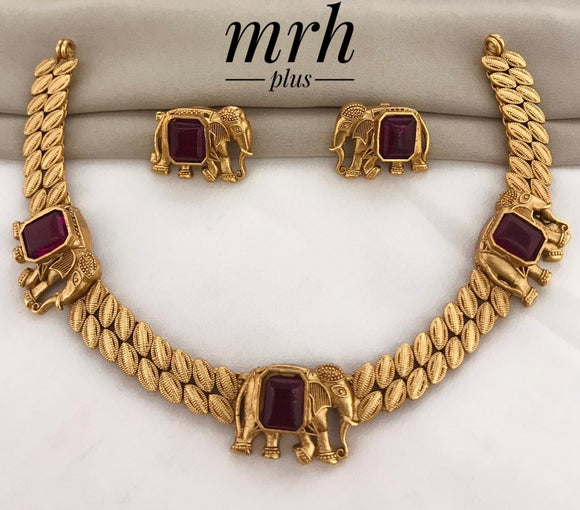 Ruby Gaja Veera , Matt Gold Finish Elephant Design Necklace Set for Women-PAL001ENR