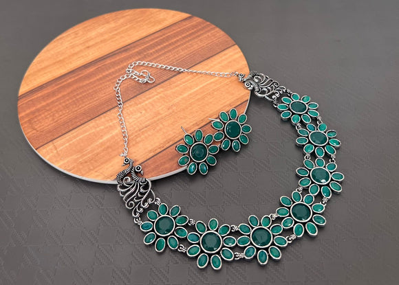 Green stones Premium quality  Oxidized Silver finish choker set with matching earrings-KARTI001OGR