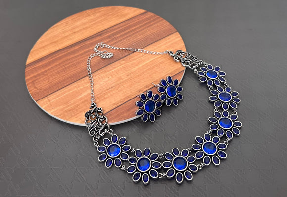Indigo Blue  stones Premium quality  Oxidized Silver finish choker set with matching earrings-KARTI001OBL