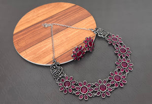 Ruby Pink  stones Premium quality  Oxidized Silver finish choker set with matching earrings-KARTI001OP