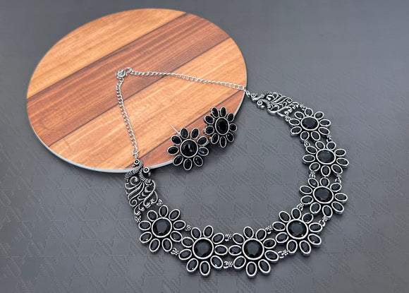 Black stones Premium quality  Oxidized Silver finish choker set with matching earrings-KARTI001OB