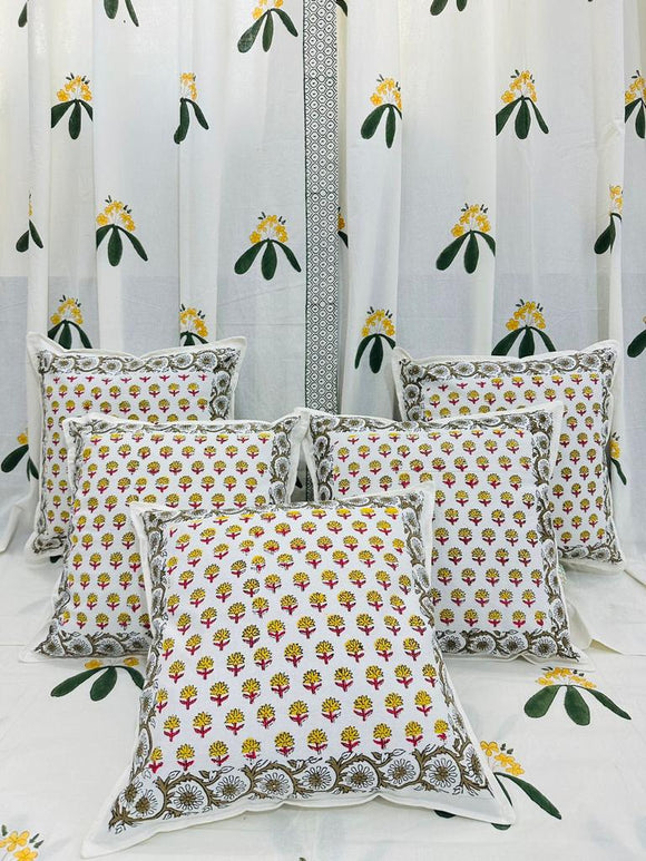 Sumatra , Cotton Hand Block  Print 5 Pc Cushion Cover Set-SHARA001CCL
