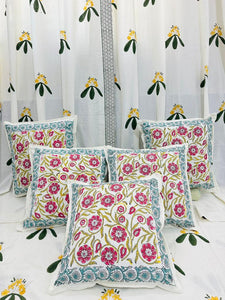 Humrahi , Cotton Hand Block  Print 5 Pc Cushion Cover Set-SHARA001CCG