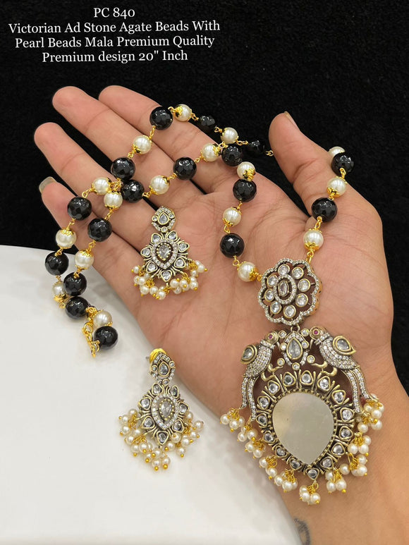 Victorian American Diamond Stone and Agate  Beads with Pearl Mala - SAY001PMA