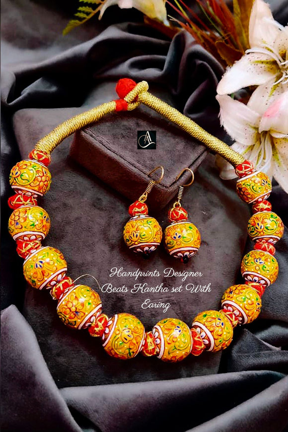 Premium Quality Handprints Handmade Beads Designer Kantha set with Earrings-PAL001RC