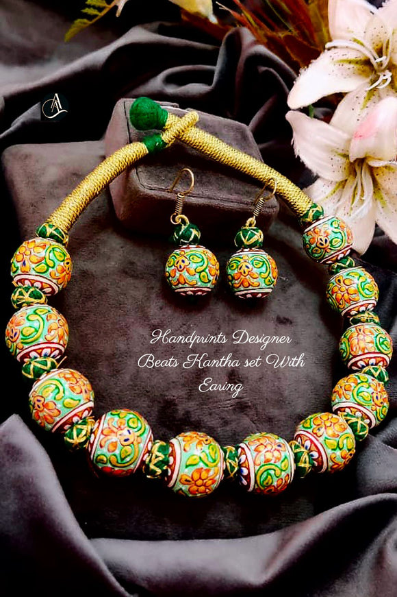 Premium Quality Handprints Handmade Beads Designer Kantha set with Earrings-PAL001RB