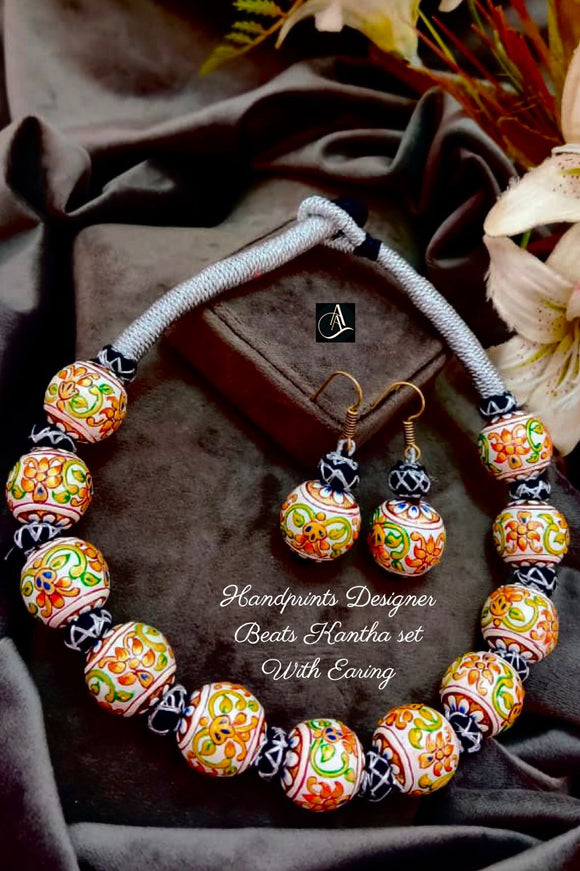 Premium Quality Handprints Handmade Beads Designer Kantha set with Earrings-PAL001R
