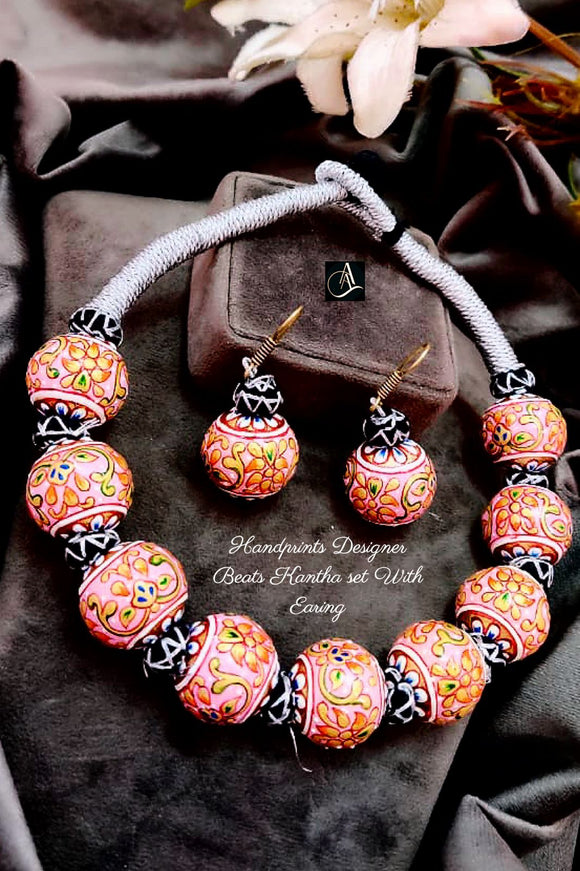Premium Quality Handprints Handmade Beads Designer Kantha set with Earrings-PAL001RA