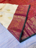 Suhasini , Traditional Korvai 7 inches Vanasagarai Mango shape and Lotus  design Kanchipuram Gatti Petu Gold  Zari Saree -PDS001WS