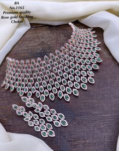 Green stone studded Premium Quality Rose Gold Finish Choker Necklace Set for Women-LR001RGG