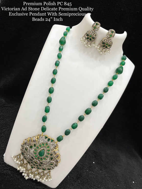 Malini  , Premium Quality Victorian Finish Semi precious Beads Silver Finish Long Necklace Set -SAYLNSM
