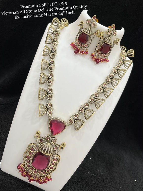 Aaheli , Premium Quality Victorian Finish Amercian Diamond Silver Finish Long Necklace Set -SAYLNSC
