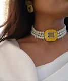 Yellow Amelia , Trendy Kundan Necklace Set with  Three Layered Pearls for women -LR001PCY