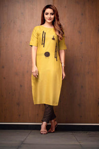 MUSTARD YELLOW  PURE COTTON KURTI WITH PANT WITH NATURAL VEGETABLE PRINT