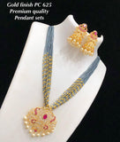 Bead Necklace with Stones Pendant and Jumka with Pearls
