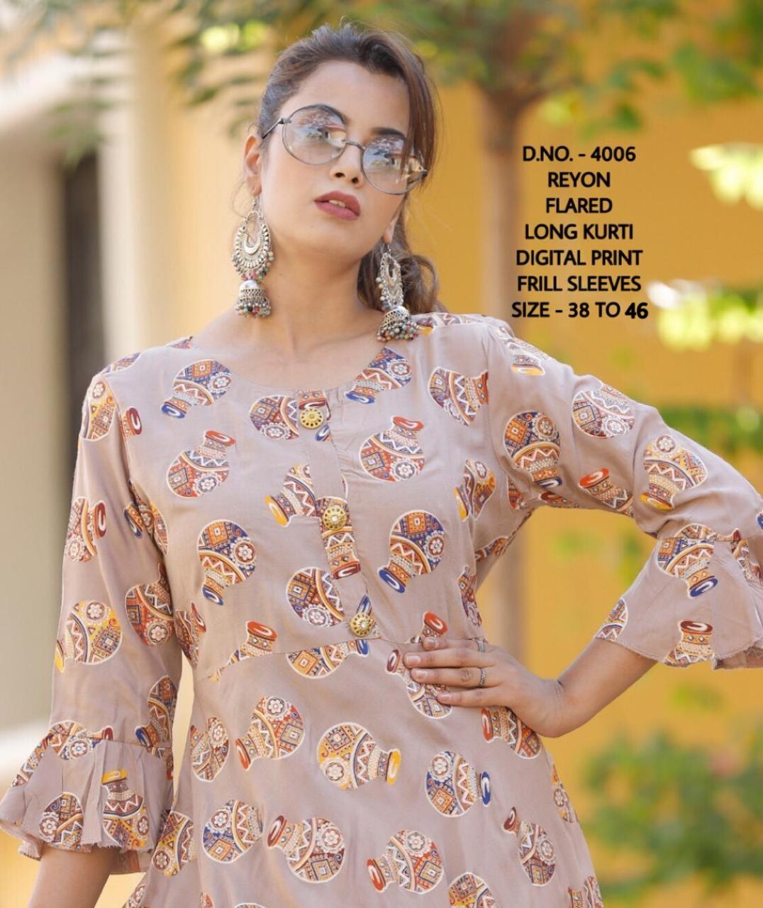 Rayon printed long kurti digital printed frill sleeves www.soosi