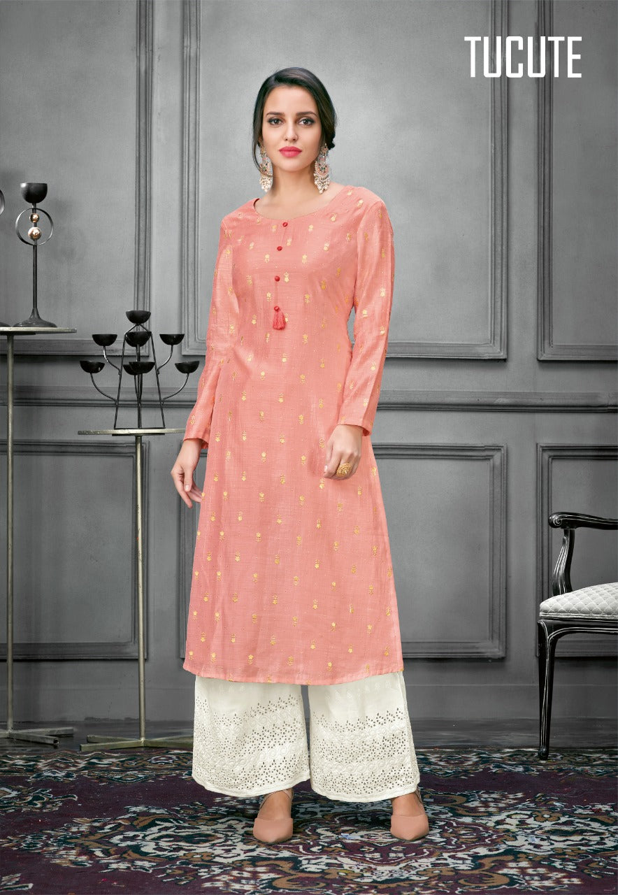 Ada Hand Embroidered Peach Cotton Lucknowi Chikan Women Kurti - A100369 -  Ada - 3287413