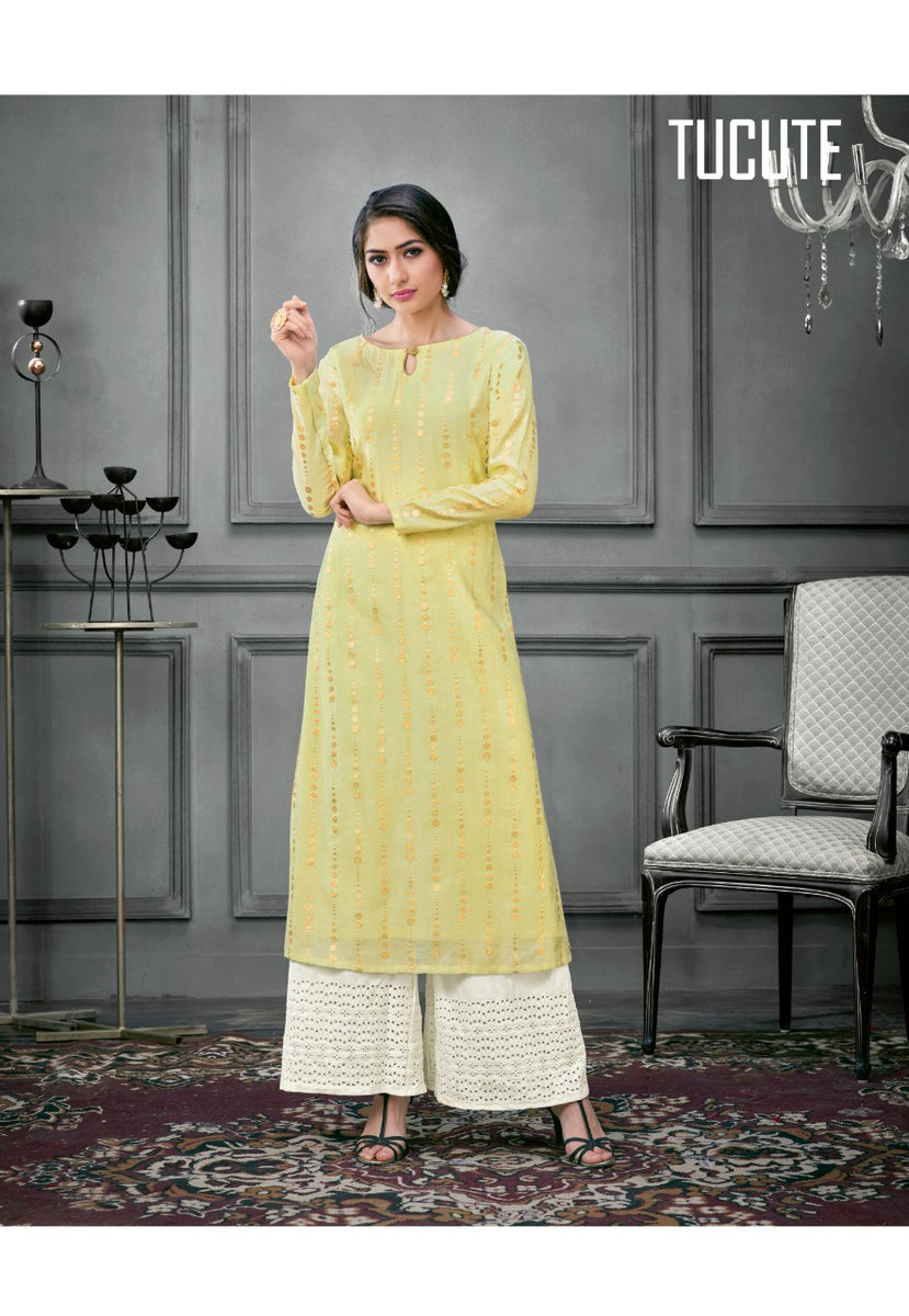 Yellow plain cotton long kurti with palazzo - siyani - 2956070