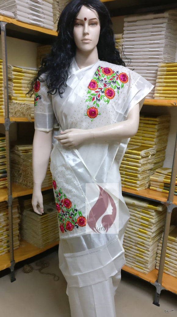 Designer Silver tissue kerala saree with blouse
