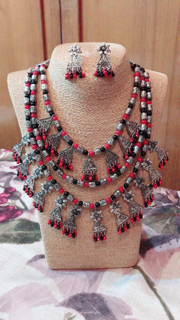 Oxidized Silver Bead layered  Necklace for Women